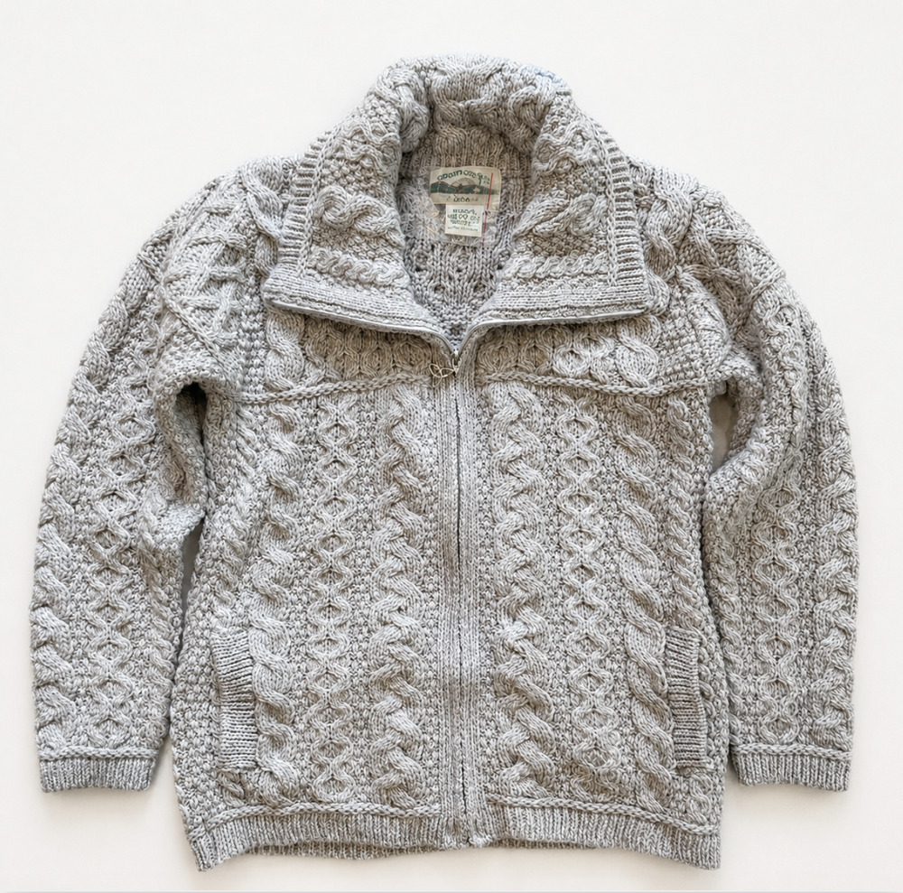 NEW ARAN CRAFTS GRAY MERINO WOOL ZIP FRONT CARDIGAN SWEATER COAT SZ L